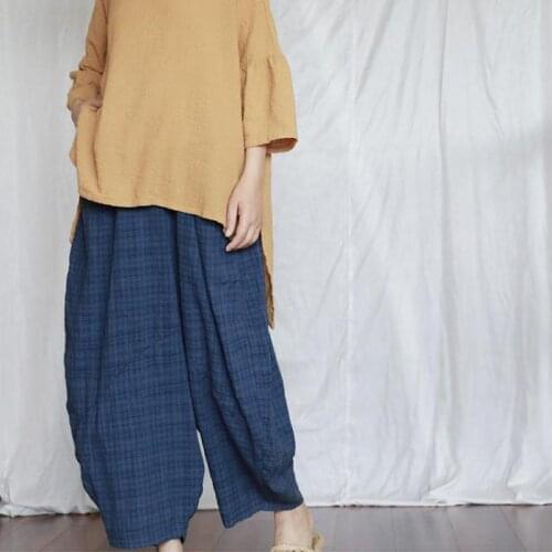 Johnature Casual All-match Full Length Wide Leg Pants 2021 Autumn New Cotton Linen Elastic Mid Waist Patchwork Plaid Women Pants