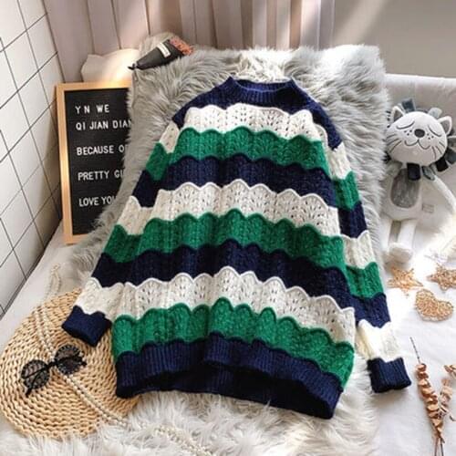 Womens Long-sleeved Loose Korean Sweet Knitted Pullover Womens 2021 Autumn Winter New Round Neck Stitching Sweater Coat