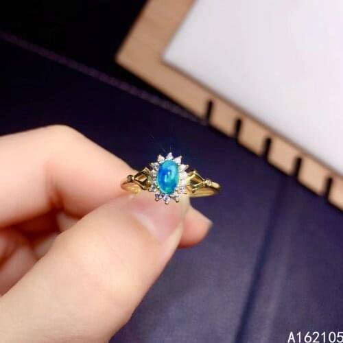 925 Pure Silver Chinese Style Natural Blue Opal Womens Luxury Classic Flower Adjustable Gem Ring Fine Jewelry Support Detection
