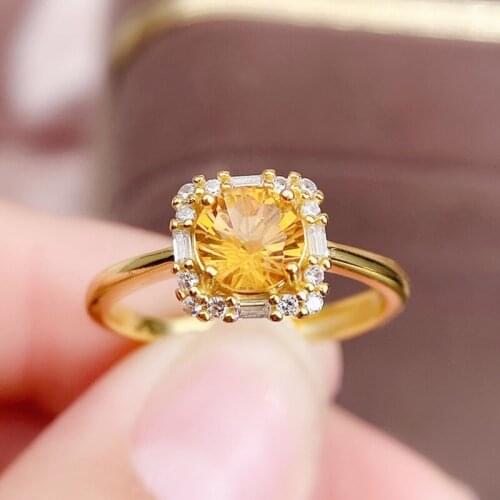 Natural real yellow citrine square ring Free shipping 6*6mm 0.7ct gemstone 925 sterling silver Fine jewelry Women rings J215270