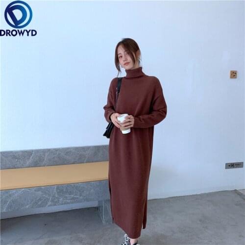 2021 Fall/Winter Long Over The Knee Loose Slim High Neck Sweater Dress Knitted Inner Dress Women Stretch Pullover Sweater Dress
