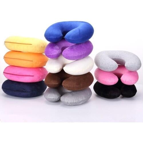 1PC Portable Travel Pillow Inflatable Neck Pillow U Shape Neck Blow Up Cushion PVC Flocking Pillow Support Flight Travel OU 048