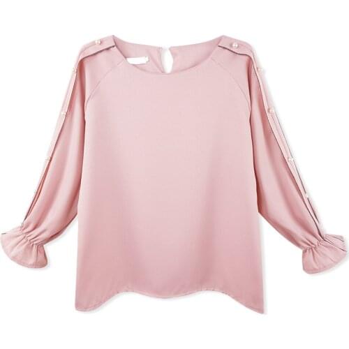 Korean Style Chiffon Shirt Flare Sleeve Beading splice Solid Pink Female Blouse Tops Kawaii Slim Softwear Blusas