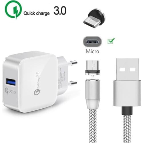 For Samsung A10 M10 A6 J4 J7 LG G3S Q60 K50 W30 cellphone QC 3.0 Fast charger + magnetic Micro USB Cable On Honor 9 lite 8A 8X