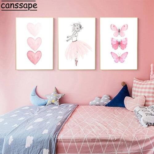 Nordic Wall Prints Pink Butterfly Canvas Posters Heart Art Painting Ballet Girl Print Nursery Wall Pictures Baby Girl Room Decor