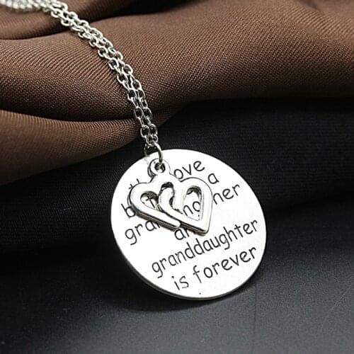 Round Metal Medal Words "Love of Grandmother & Grandfather" Double Hearts Silver Plated Necklace for Women