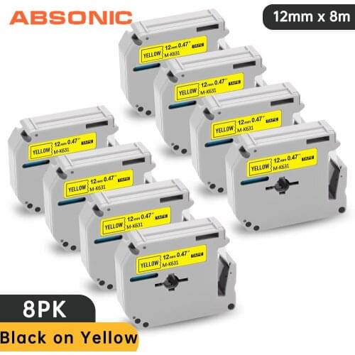 Absonic 8PCS MK631 MK-631 Label Tape for Brother 12mm MK 631 M-K631 Black on Yellow Replace for Brother PT90 PT80 Ptouch Printer
