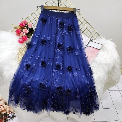 Summer Women Skirt Gauze embroidery Flower Lady Sweet Mesh Skirts 2021 spring Solid color Female Casual Lace Skirt