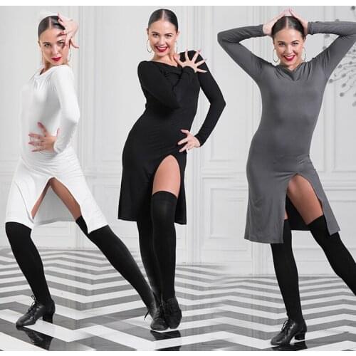 New Latin Dance Clothes Women Slim Dress Modal Split White/Black/Gray Rumba Samba Practice Wear Tango Performance Dress VDB3240