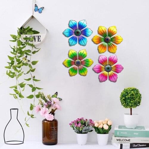 New Rainbow Metal Flower Wall Art Decor Miniatures Garden Statues Ornaments Wrought Iron Outdoor Fairy Garden Home Decoration