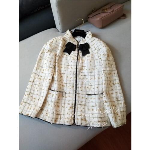 Coat of cattle New cargo Bai Fu beauty temperament small perfume gold thread woven bow female tweed coat