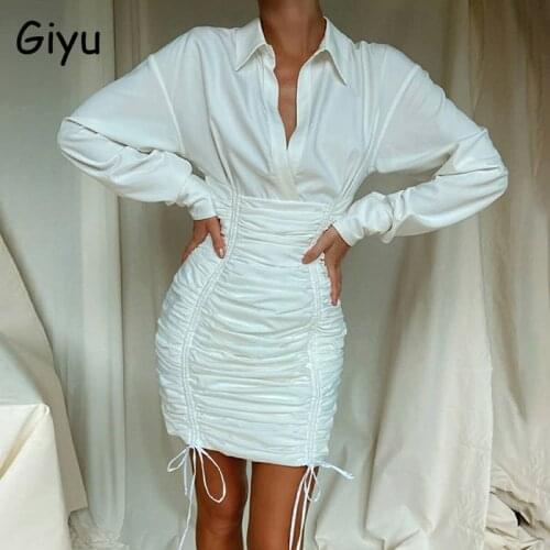 Giyu Casual Ruched Woman Dress Sexy Bodyocn V Neck Lace Up Mini Dresses Club Party Elegant Shirt Vestidos White Women Clothing