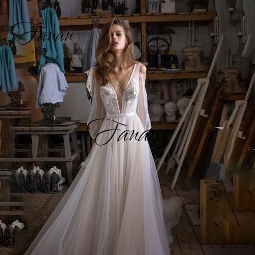 Sexy Deep V-Neck Long Sleeve Wedding Dress See-Through Tulle Simple Backless Bridal Gown robe de soirée de mariage платье