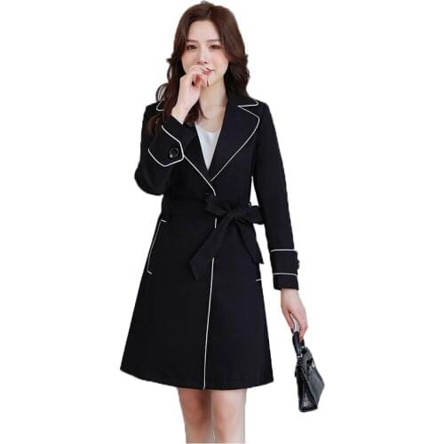 Spring Autumn Elegant Long Women Trench Coat Casual Plus Size Black White Border Windbreaker Overcoat Female Trench With Belt