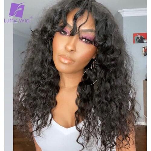 Loose Curly Human Hair Wigs For Black Women Machine Made O Scalp Top Wig With Bangs Brazilian Remy 200% Density Wig LUFFY