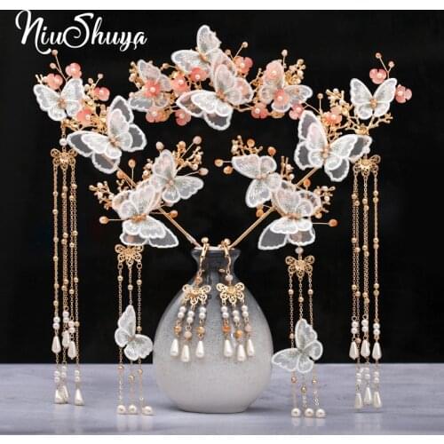 NiuShuya Vintage Chinese Hanfu Headdress Girls Ancient Pink Butterfly Hairpin Bride Pearl Hair Accessories