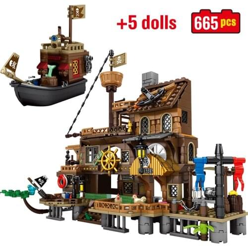 Vintage pirate ship model building block creator Caribbean Sea Adventure Pier model brick character educational childrens toy