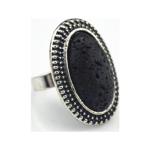 W207 Finger Ring Oval Black Lava Stone Volcanoic Stone Jewelry Fashion Antique