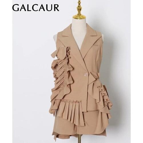 XIZIHUPAN Elegant Two Piece Sets For Female Lapel Collar Sleeveless Patchwork Ruffle With High Waist Shorts Womens Suit Fashion