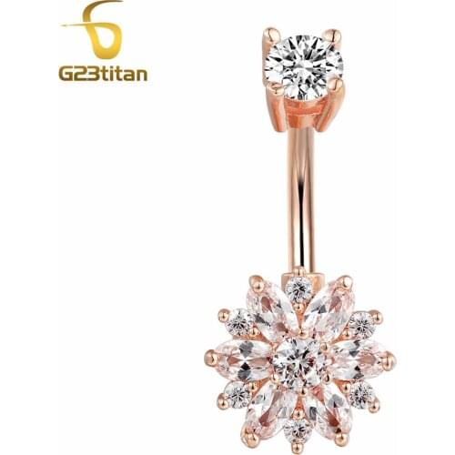 G23titan Double Side Crystals Flower Navel Ear Jewelry 14G Steel Ear Plug Earring Belly Bar Belly Nombril Piercing Body Jewelry