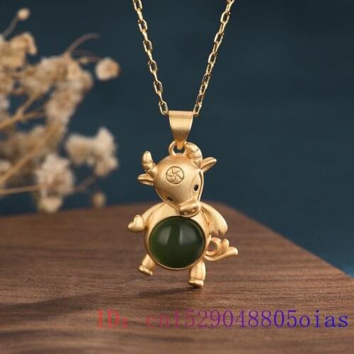Green Jade Cattle Pendant Zircon Amulet 925 Silver Charm Crystal Women Necklace Fashion Natural Chalcedony Jewelry Gemstone