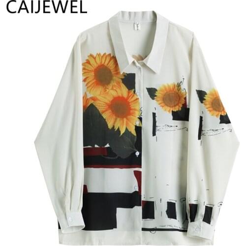 Womens Shirt New 2021 Summer Sunflower Printing Baggy Vintage Long Sleeves Turn Down Collar Single Breasted Casual Mom Blouse