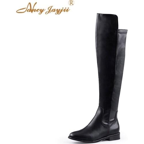 2020 Autumn Winter Knee High Boots Women Black Low Heels Round Toe Dress Shoes botasy botines de mujercustom Large Size 16
