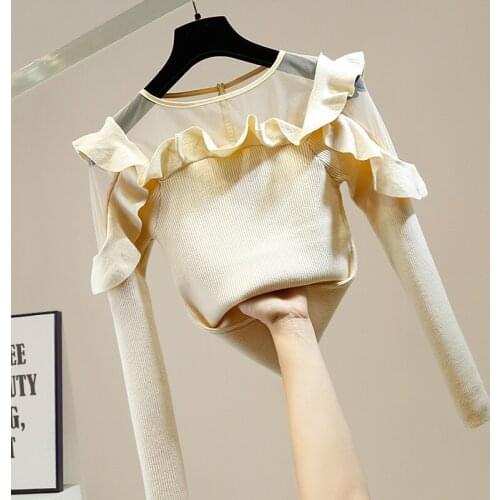 Womens Sweater Fashion Mesh Stitching Pleated Ruffles Perspective Slim-Fit Long Sleeve Knitwear Ladies Slim Fit Sweaters Jumper