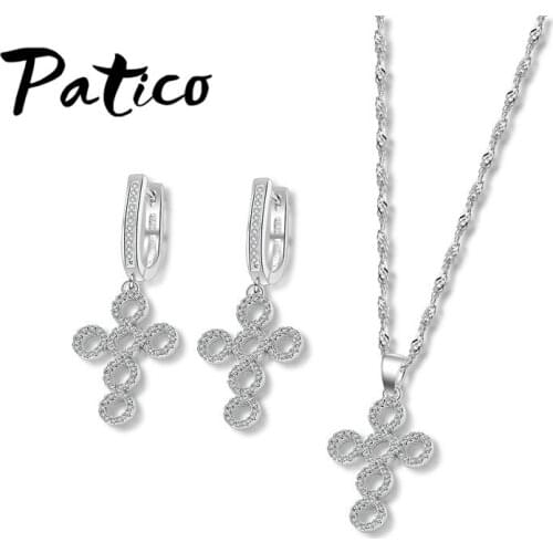 New Arrival Hollow Round Cross Design CZ Crystal 925 Sterling Silver Jewelry Sets Pendant Necklace Earrings for Women