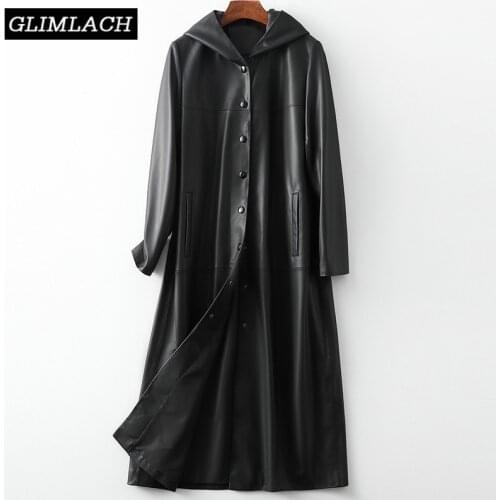 2021 New Office Lady Genuine Leather Long Jacket Women Hooded 100% Lambskin Real Leather Windbreaker Coat Black Trench Overcoat