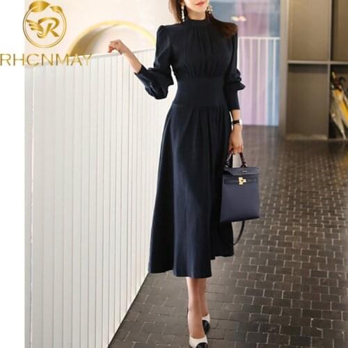 2020 Spring Solid A-line Dress Women Plus Size Navy Blue Full puff Sleeve Stand neck Office Dress Elegant Work Dresses