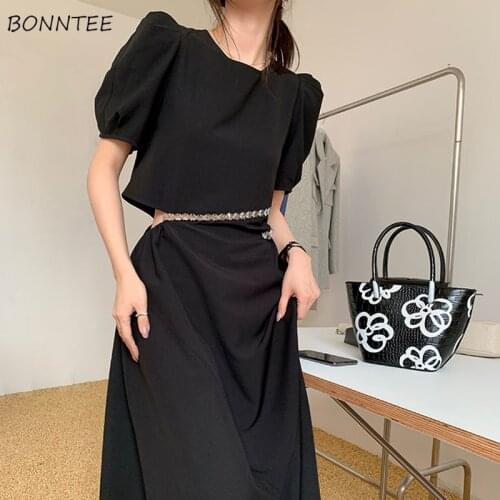 Dress Women Elegant Black French Style College Beading Design Vintage O-Neck Puff Sleeve Solid Summer Birthday Vestidos Fashion