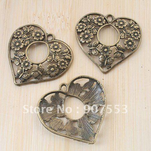 10pcs antique bronze flower pattern heart shape pendant charm G913