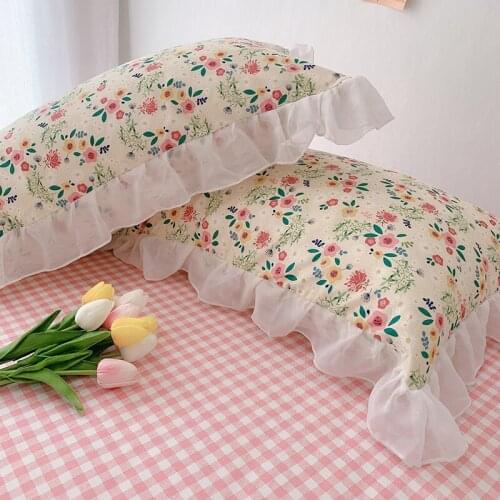 Cilected 100% Cotton Lotus Leaf Lace Pillowcase Ins Pastoral Style Single And Double Small Floral Cushion Cover With Zipper 2PCS