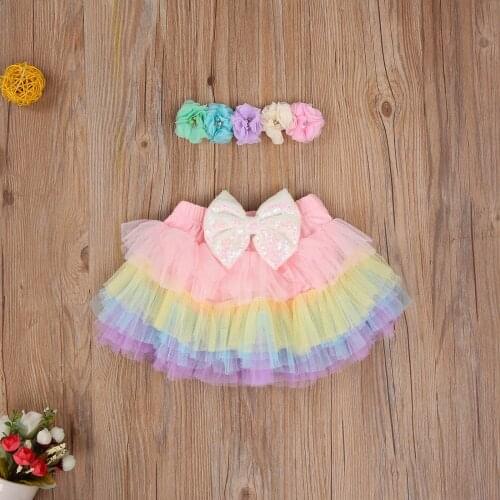 2020 New Cute Infant Baby Girls Tutu Skirt with Headband Colorful Sequin Bowknot Mesh Layer Skirts Flower Headwear Skirts Sets