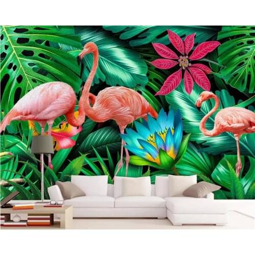 Beibehang Custom wallpaper Nordic fresh and simple rainforest banana leaf flamingo garden TV background wall murals 3d wallpaper