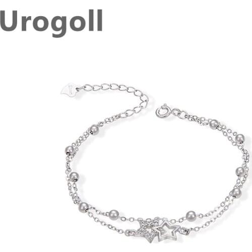 Noble Women Bracelet Pure S925 Sterling Silver Noble Zircon Stars Silver Beads Double Star Bracelet Girl Jewelry Accessories