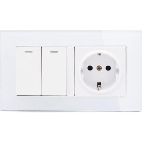 EU 146 German wall socket European socket 2 gang 2 way switch Toughened glass panel white