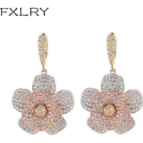 FXLRY Hot Luxury 3 Tones Gold Plating AAA Cubic Zirconia Beautiful Flower Shaped Small Drop Earrings For Womens Accessaries