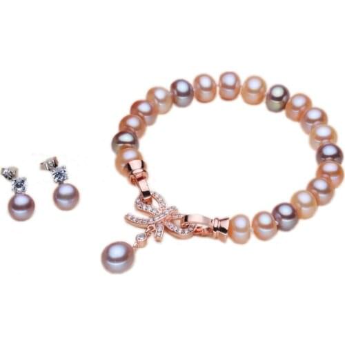 HOT S925 Sterling silver Inlaid with zircon Bow tie Really natural freshwater pearls Jewelry Set For women Free shipping