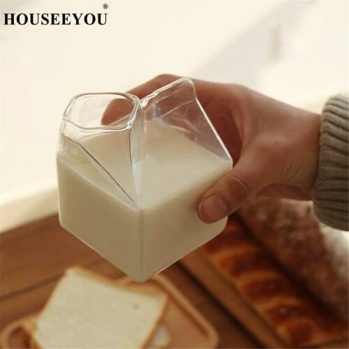 HOUSEEYOU 350ML Creative Milk Box Shaped Glass Cup Coffee Cups Mug Juice Drinking Bottle Clear Glass Home Bar Restaurant Tools
