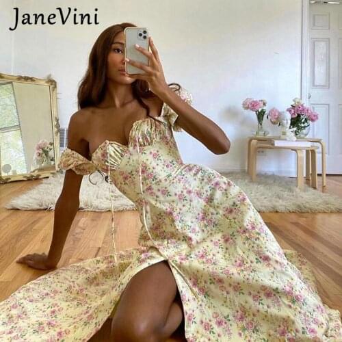 JaneVini Summer Floral Print A Line Women Dresses Strapless Puff Short Sleeves Backless High Side Split Sexy Long Dress New 2021