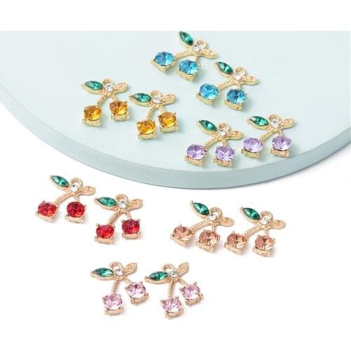 Julie Wang 8PCS Rhinestone Cherry Charms Alloy Fruit Mixed Colors Pendant Bracelet Earring Jewelry Making Accessory