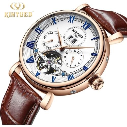 KINYUED Mechanical Watch Men Automatic Tourbillon Watches Mens Sport Clock Man Leather Casual Business Wristwatch Relojes Hombre