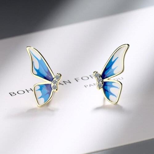 KOFSAC Cute Blue Butterfly Zircon Stud Earrings For Women 925 Sterling Silver Earring Lady Classic Jewelry Valentines Day Gifts