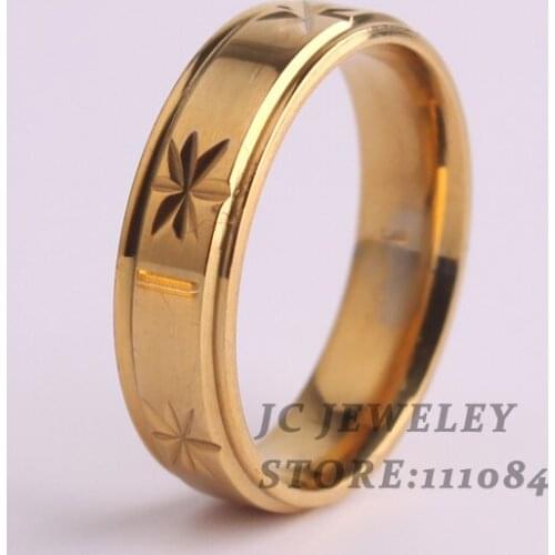 Wide 6mm grave snowflake finger rings GP 316L Stainless Steel for men women jewelry wholesale