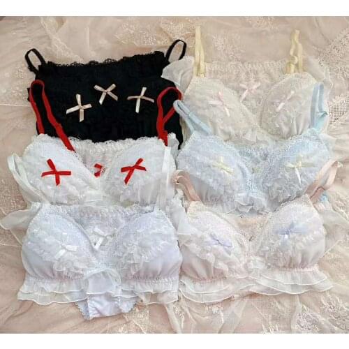 Cute Bow Lace Layers Womens Japanese Bra & Panties Set Wirefree Soft Underwear Sleep Intimates Set Lolita