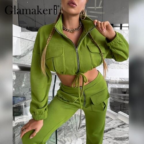 Glamaker Green winter pants sets Women cropped jacked coat and Straight-leg pant suits Autumn fashion casual pocket lace up suit