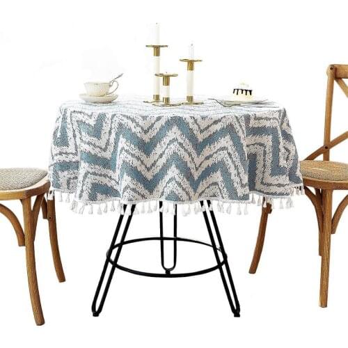 Cotton Linen Vintage Printed Round Tablecloth with Multi-Tassels for Home Tabletop Decoration for Patio Gardens Kitchen Dinning