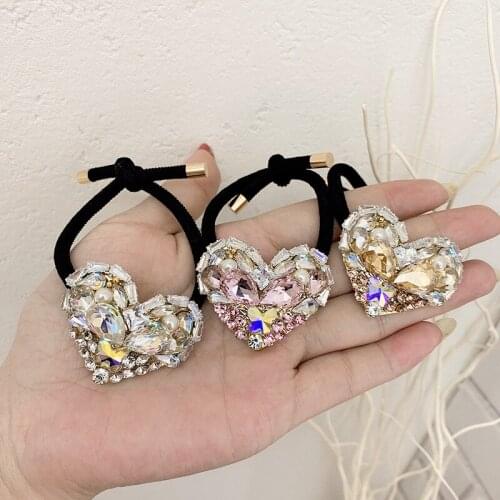 2021 New INS Full Diamond Metal Peach Heart Hair Tie Hair Band Girl Shiny Crystal Hair Rubber Band Headdress